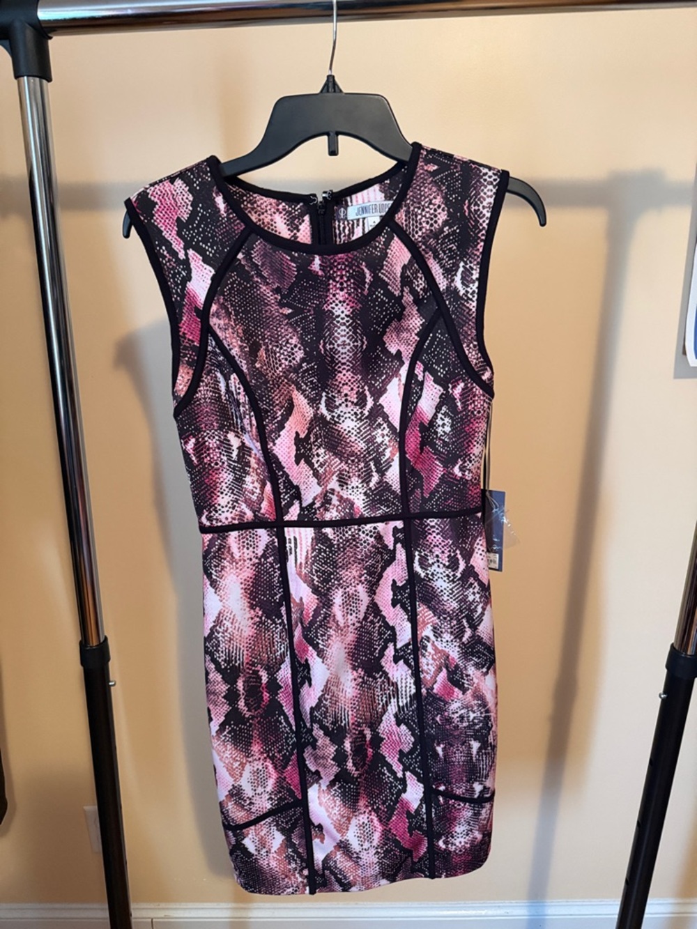 Jennifer Lopez Pink and Black Snakeprint Ponte Sheath Dress